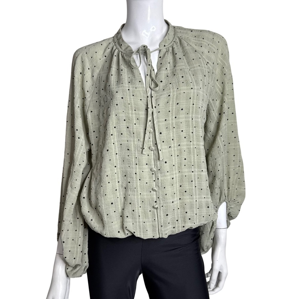Blu Pepper Sage Green Polka Dot Tie Neck Bishop Sleeve Blouse Medium